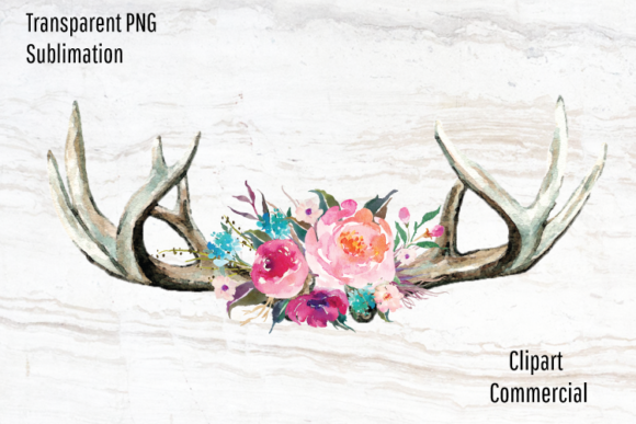 Deer Antlers, Bright Watercolor Flowers