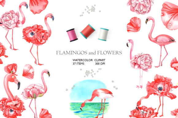 Flamingos and Flowers Watercolor Clipart and Illustrations
