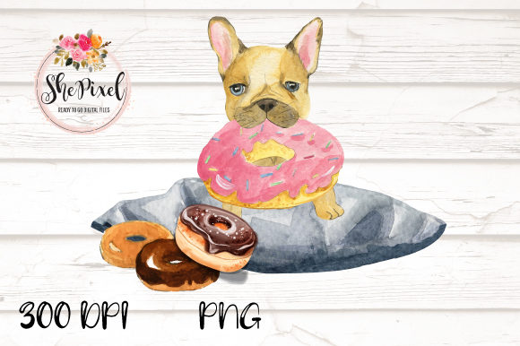 French Bulldog Donut Watercolor Clipart and Illustrations