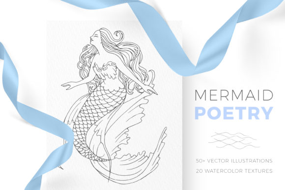 Mermaid Poetry. Lineart Watercolor