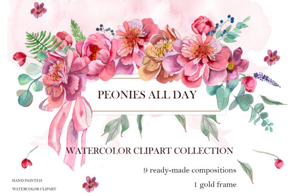 Pink Peonies. Bouquet of Watercolor Flow Illustrations