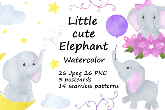 Set Cute Little Elephant Watercolor Illustrations
