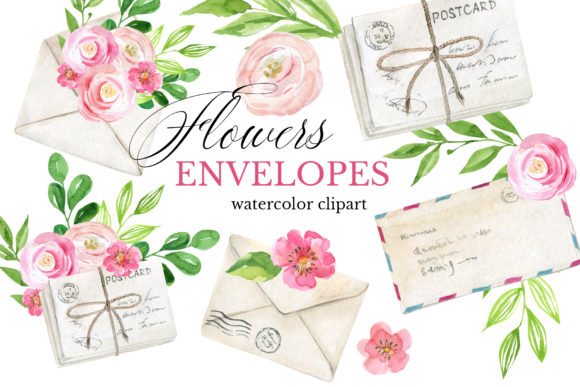 Watercolor Clipart Envelop Flowers Illustrations