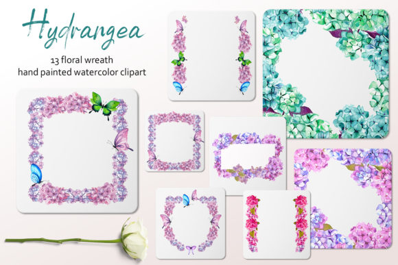 Watercolor Frames with Hydrangea Flowers Illustrations