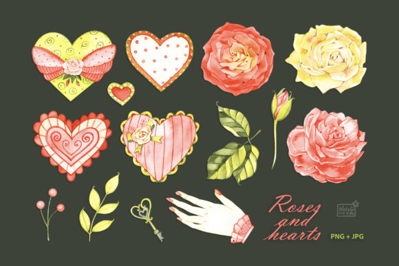 Watercolor Hearts and Roses Illustrations