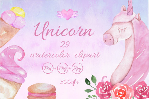 Watercolor Unicorns Clipart and Illustrations