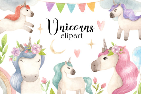 Watercolor Unicorns Clipart and Pattern