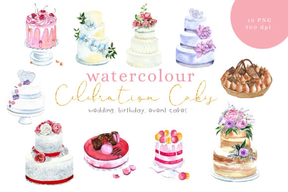 Watercolour Cakes Clip Art and Illustrations